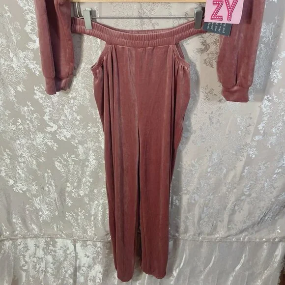 NWT Vivre La Vie Velour Tracksuit Sweatshirt Sweatpants Blush Dusty Rose Size L - Picture 3 of 9